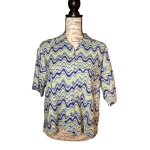 Social Tourist NWT Size Medium Blue Green and White Button Down Blouse
